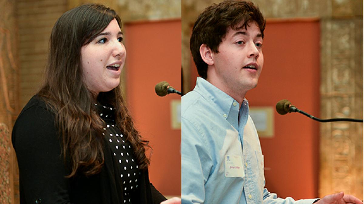 The Simon Kuznets Fellowship Award in Economics was shared this year by undergraduates  Jennifer Matte (left) and Brian Collopy (right).