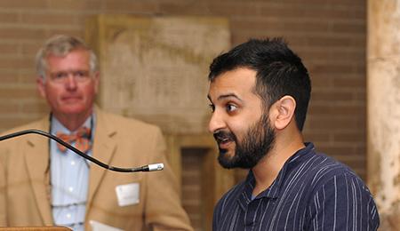 Nirav Mehta, one of the co-winners of this year's Carey Prize, expresses his thanks while Francis Carey III looks on.